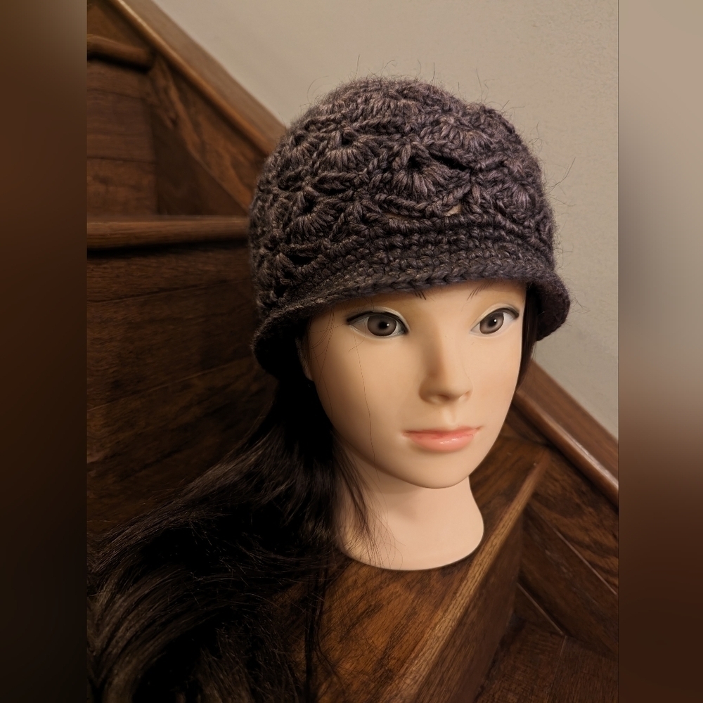 Purple artisan hand knit hat woman's floral design